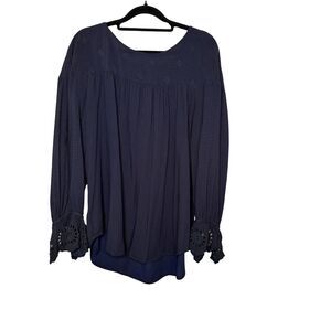Loft Long Sleeve blouse Blue and Black Stripe embroidered top Women's Size Large